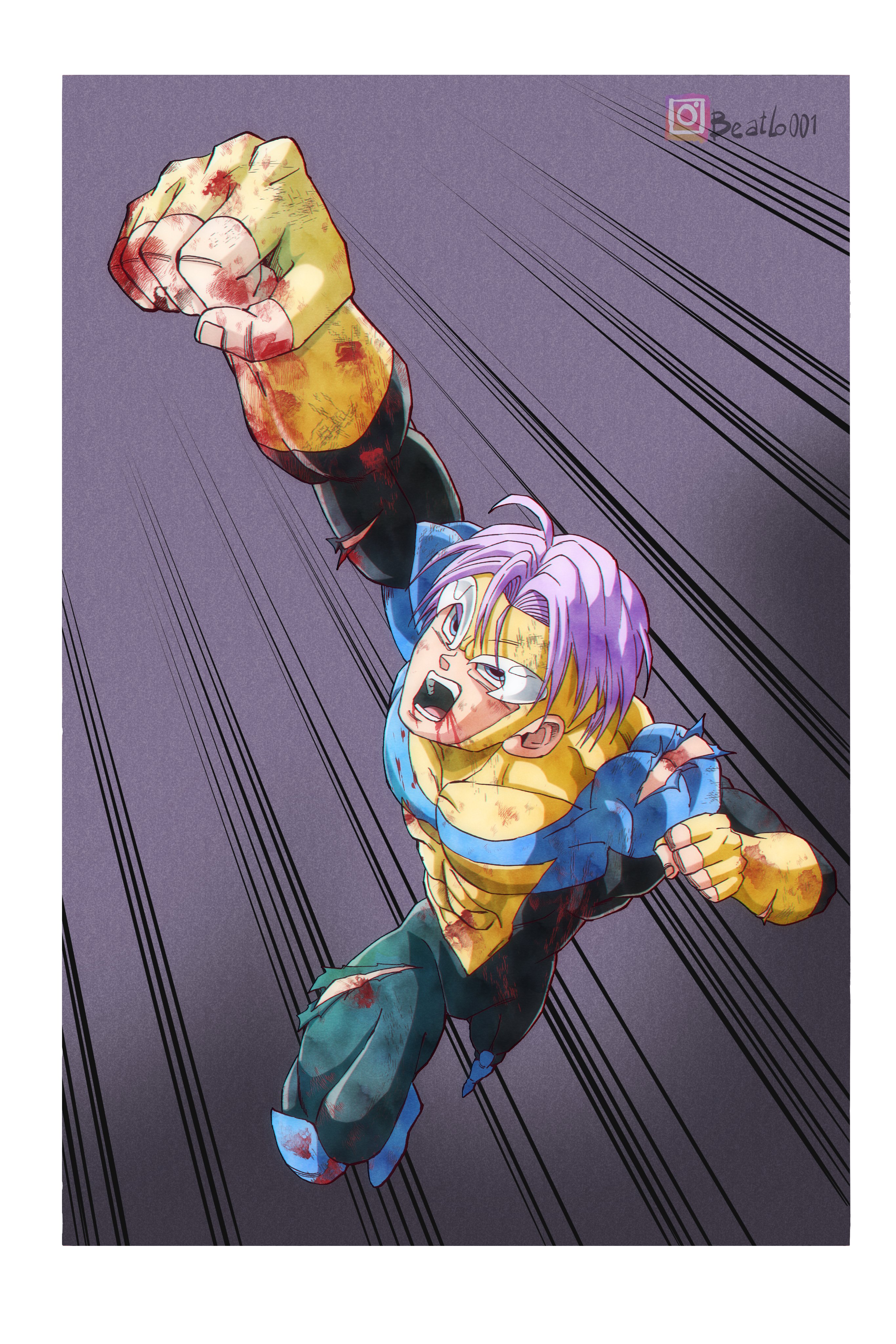 beatlo (rodrigo38658978), invincible (character), trunks (dragon ball), trunks (future) (dragon ball), dragon ball, dragonball z, invincible (series), absurdres, highres, 1boy, blood, blood from mouth, blood on clothes, blood on hands, blue eyes, bodysuit, clenched hand, cosplay, fingerless gloves, flying, gloves, injury, instagram username, invincible (character) (cosplay), muscular, purple hair, scratches, solo, superhero costume, torn bodysuit, torn clothes, trait connection