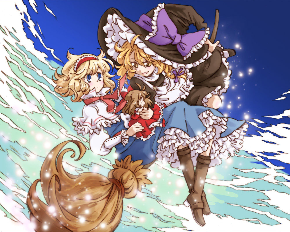 arata iri, alice margatroid, hourai doll, kirisame marisa, touhou, bad id, bad pixiv id, 2girls, blonde hair, blue eyes, broom, brown hair, female focus, hair ribbon, hairband, hat, multiple girls, ribbon, yellow eyes