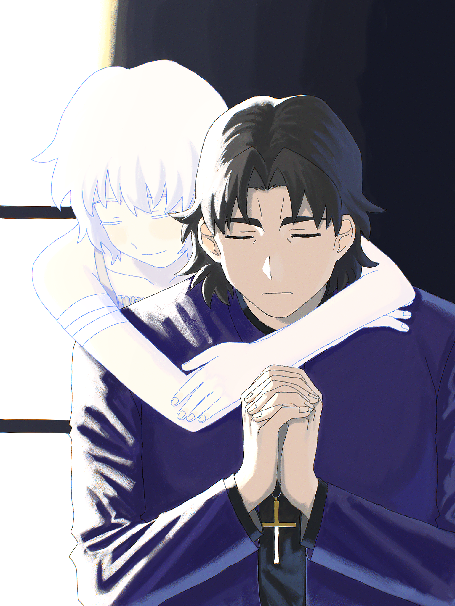 modoru 5, claudia hortensia, kotomine kirei, fate/stay night, fate (series), commentary request, highres, 1boy, 1girl, black hair, closed eyes, cross, cross necklace, hug, hug from behind, husband and wife, jewelry, necklace, own hands clasped, own hands together, praying, priest, spirit, white hair