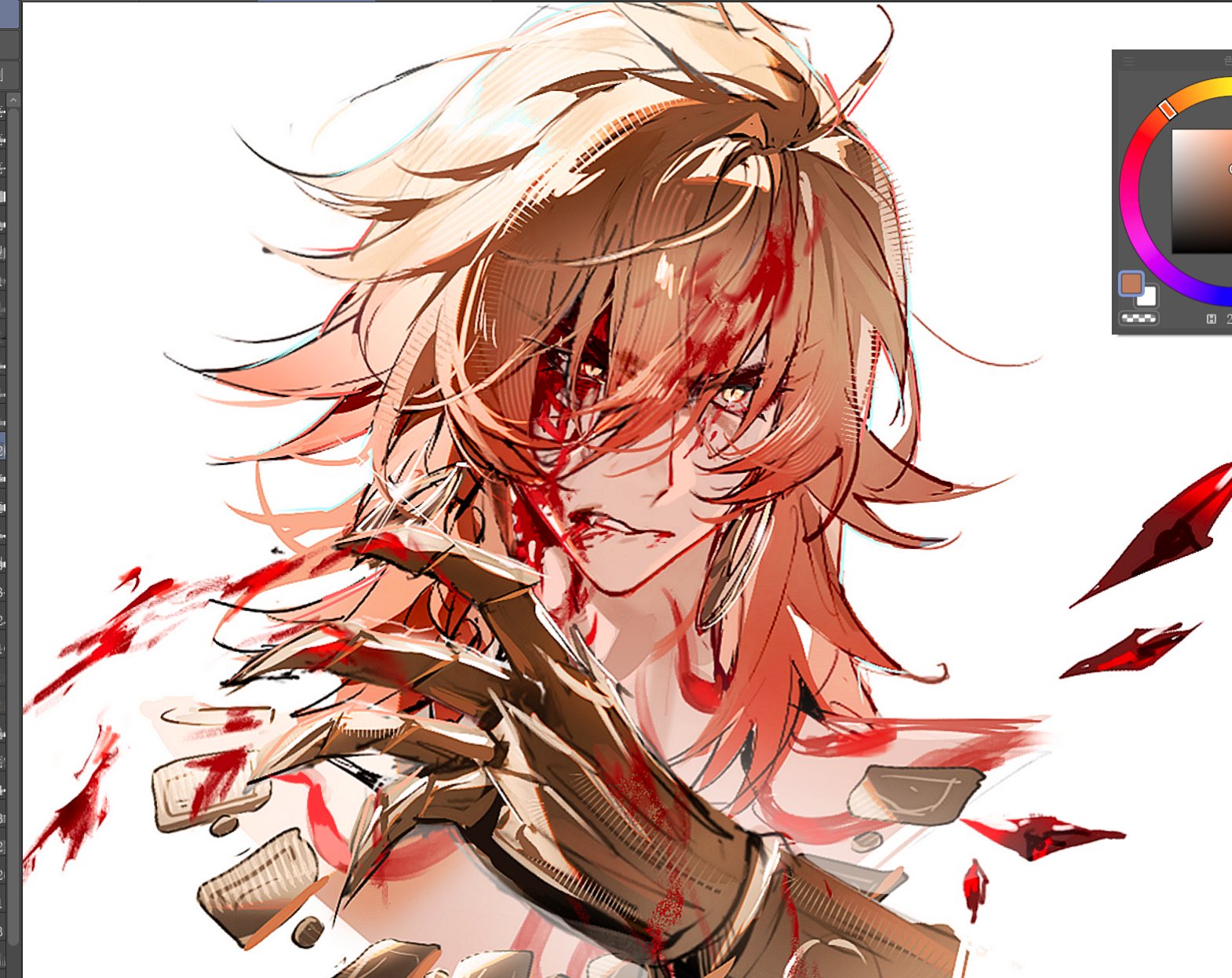 suirandanshihao, mydei (honkai: star rail), honkai: star rail, honkai (series), highres, 1boy, art program in frame, blonde hair, blood, blood in hair, blood on face, clawed gauntlets, gold necklace, jewelry, male focus, medium hair, multicolored hair, neck tattoo, necklace, parted lips, red tattoo, simple background, slit pupils, solo, tattoo, teeth, white background, yellow eyes