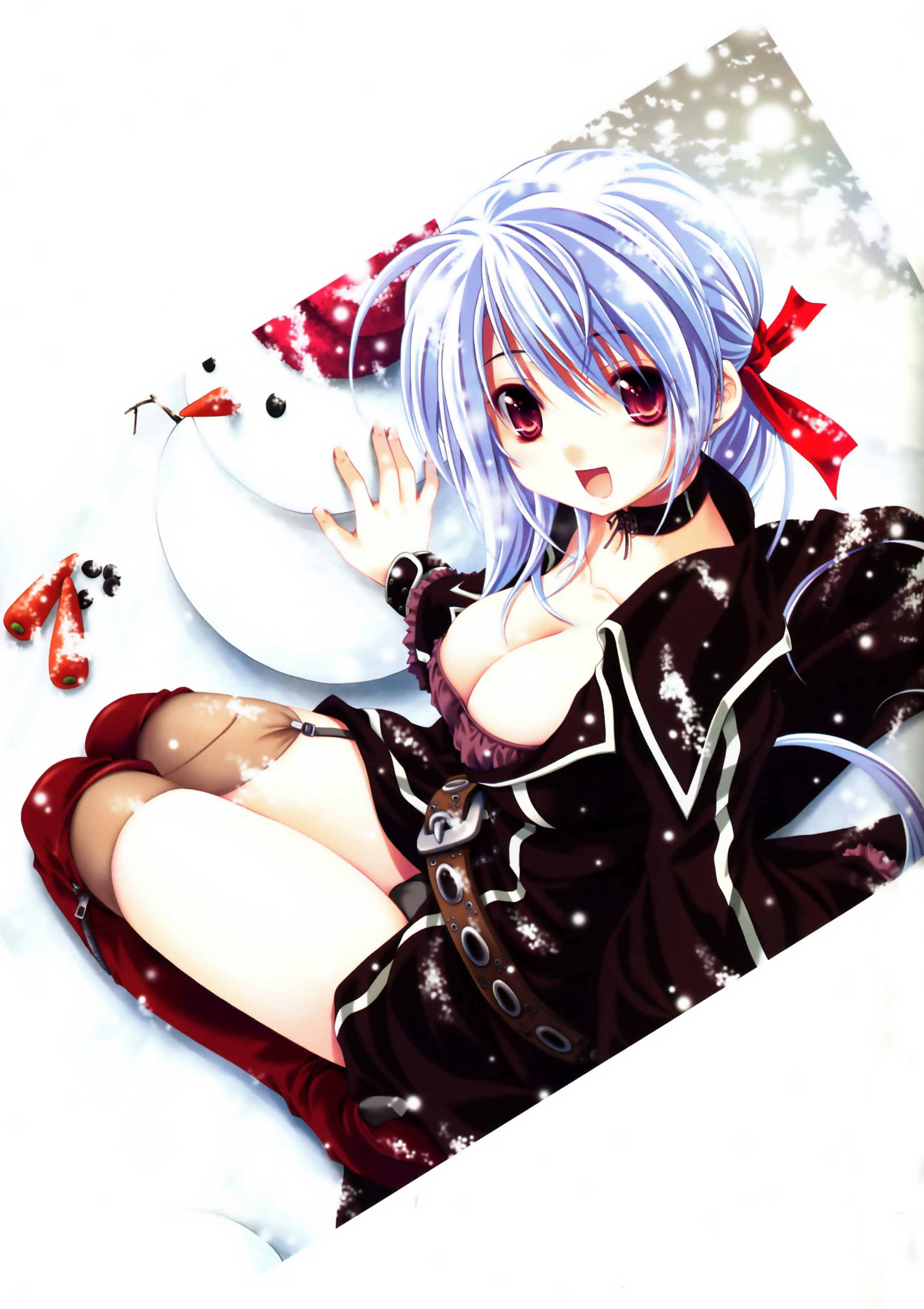 miyama-zero, light purple hair, absurdres, highres, belt, black panties, boots, breasts, carrot, choker, cleavage, garter belt, hair ribbon, happy, kneeling, large breasts, long hair, panties, pantyshot, ponytail, purple eyes, ribbon, snow, snowman, solo, thigh boots, thighhighs, underwear, winter