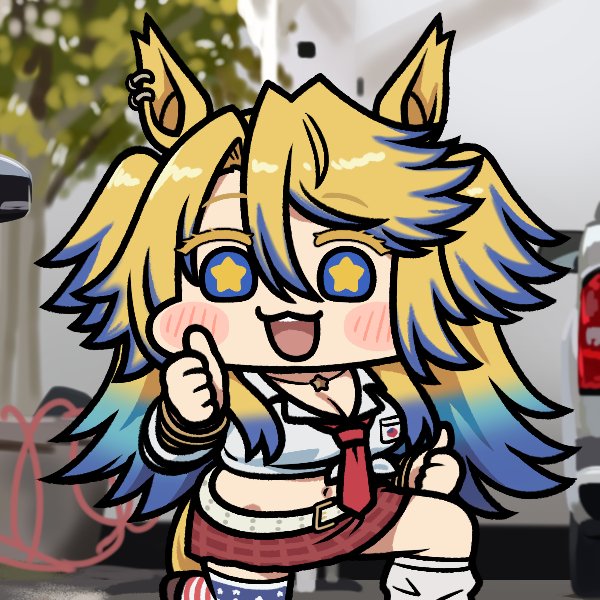 jazz jack, obey your master (umamusume), umamusume, umamusume: cinderella gray, 1girl, american flag, american flag print, animal ears, blonde hair, blue eyes, blue hair, breasts, cleavage, flag print, horse ears, horse girl, horse tail, jewelry, long hair, looking at viewer, midriff, multicolored hair, navel, necklace, shirt, smile, solo, star-shaped pupils, star (symbol), star necklace, symbol-shaped pupils, tail, yellow nails