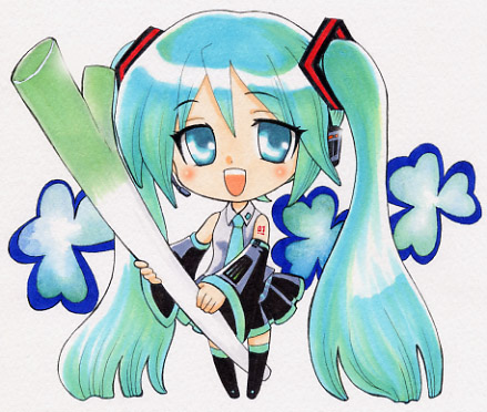 sakiran densha, yukikoma, hatsune miku, vocaloid, lowres, 1girl, aqua eyes, aqua hair, chibi, detached sleeves, female focus, long hair, necktie, skirt, solo, spring onion, thighhighs, twintails, very long hair