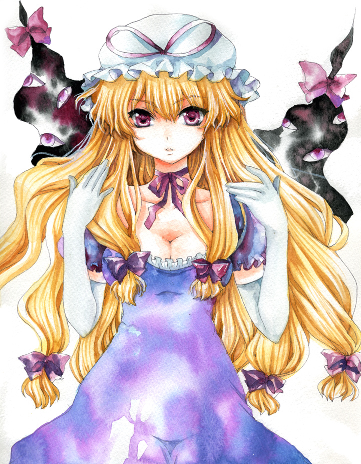fragran0live, yakumo yukari, touhou, painting (medium), traditional media, watercolor (medium), 1girl, blonde hair, breasts, cleavage, elbow gloves, female focus, gap (touhou), gloves, hair ribbon, hat, large breasts, long hair, pink eyes, ribbon, solo, white gloves