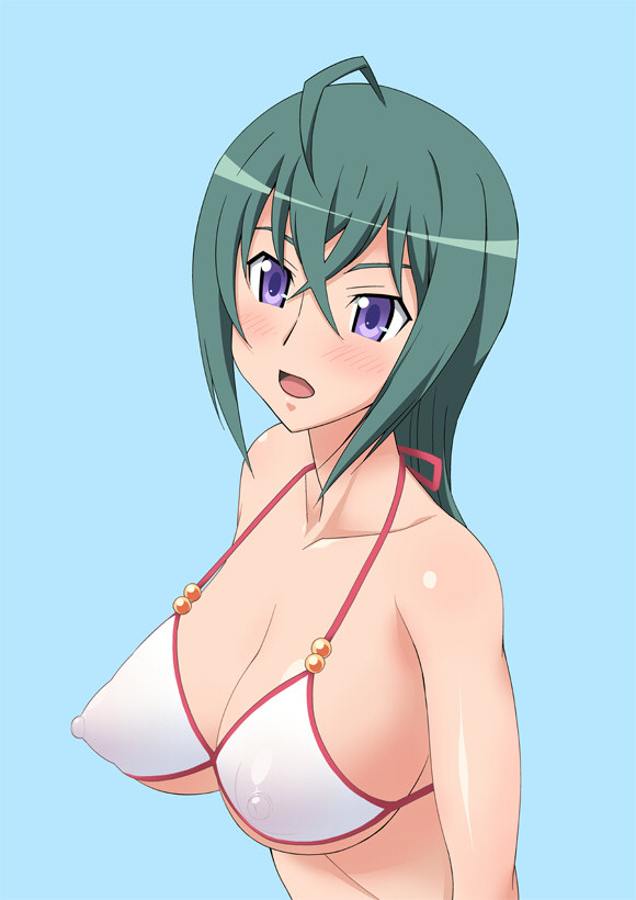 okamura hijiki, kannagi itsuki, sora wo kakeru shoujo, bad id, bad pixiv id, 00s, 1girl, ahoge, bikini, breasts, cleavage, female focus, green hair, large breasts, nipples, puffy nipples, purple eyes, see-through clothes, simple background, solo, swimsuit, underboob, white bikini