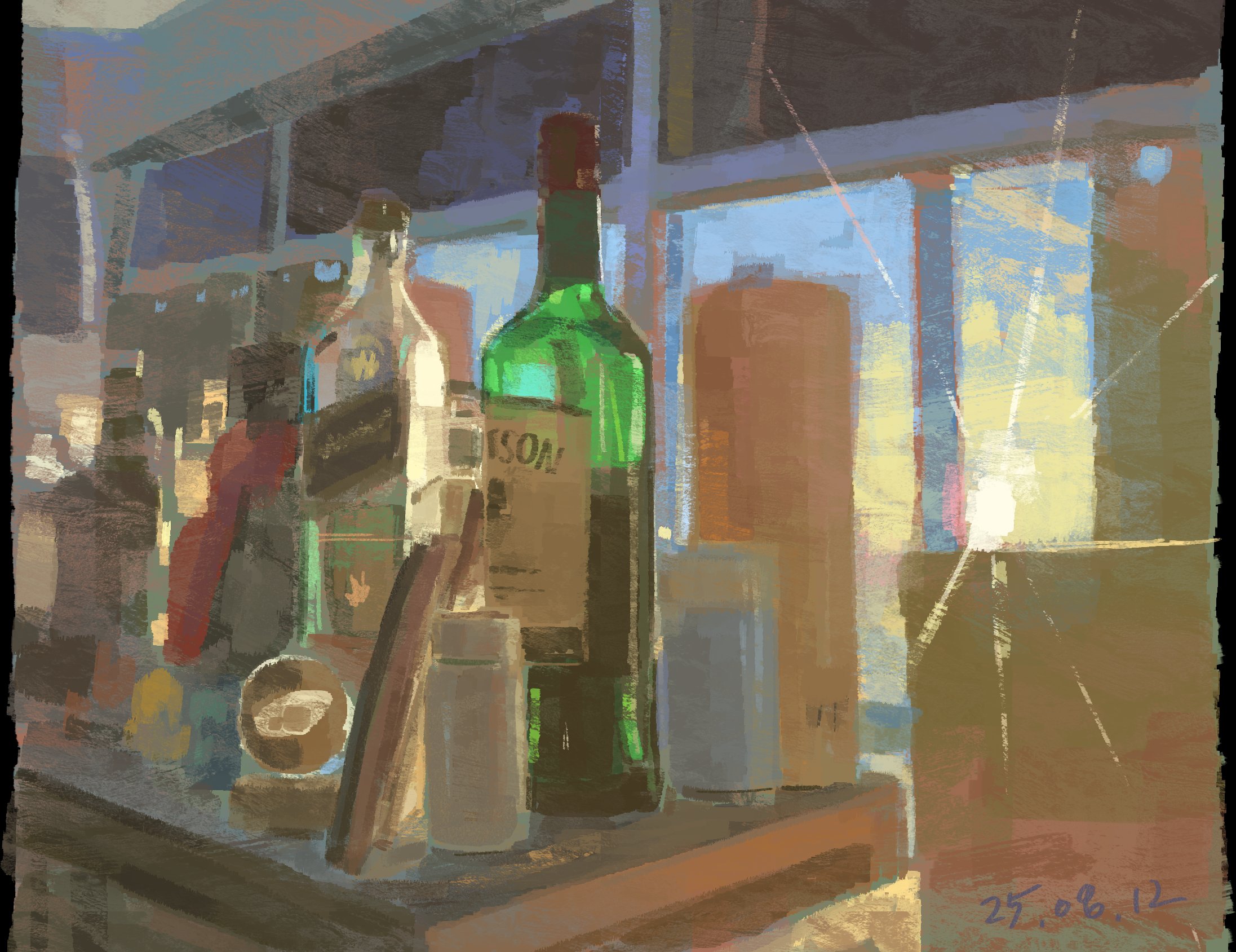 oosan1020, original, highres, painting (medium), traditional media, alcohol, bottle, indoors, lens flare, no humans, shadow, still life, sunlight, window, wine, wine bottle