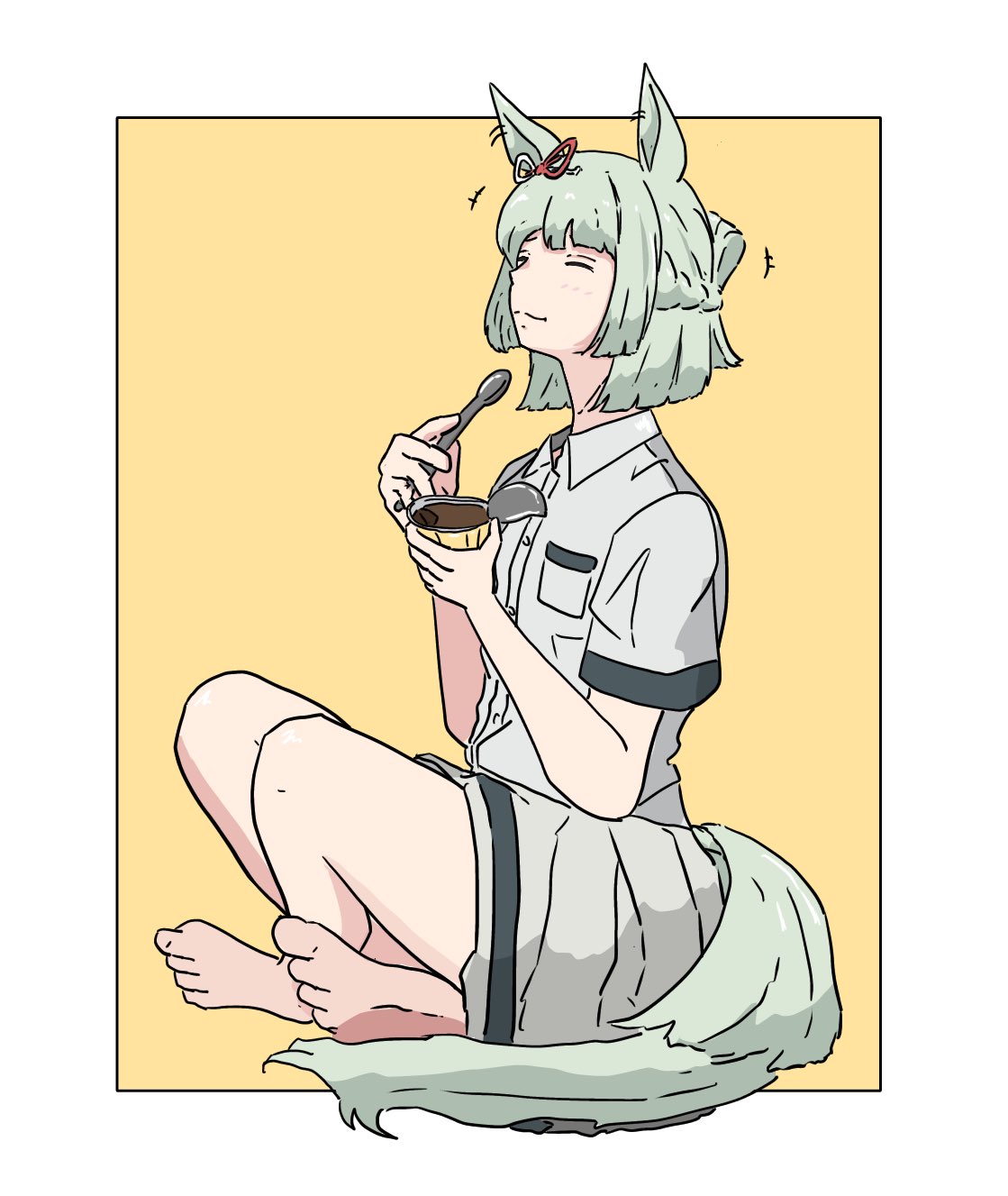 fujimasa march (umamusume), umamusume, umamusume: cinderella gray, highres, 1girl, animal ears, aqua tail, blue headdress, blush, bow, braid, closed mouth, ear bow, ear ornament, ear ribbon, folded ponytail, grey hair, half up half down braid, horse ears, horse girl, horse tail, kasamatsu tracen school uniform, school uniform, shirt, short hair, smile, solo, sxpwze4u3podzmr, tail, white shirt