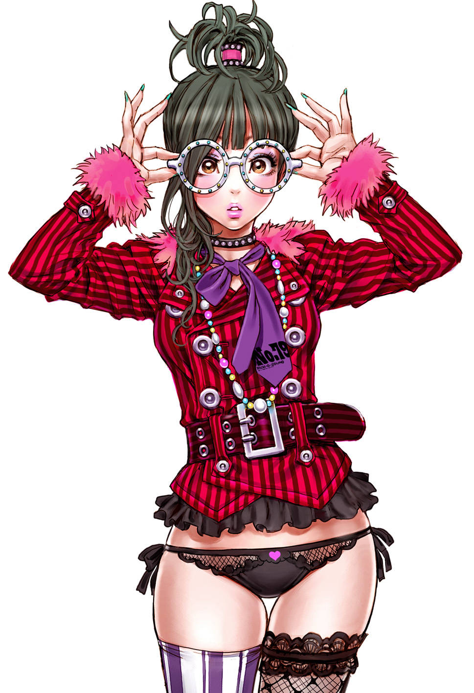 yamashita shun'ya, original, bad id, bad pixiv id, highres, 1girl, adjusting eyewear, aqua nails, asymmetrical legwear, black hair, black panties, blush, brown eyes, female focus, glasses, lips, lowleg, mismatched legwear, nail polish, no pants, panties, side-tie panties, solo, thighhighs, underwear