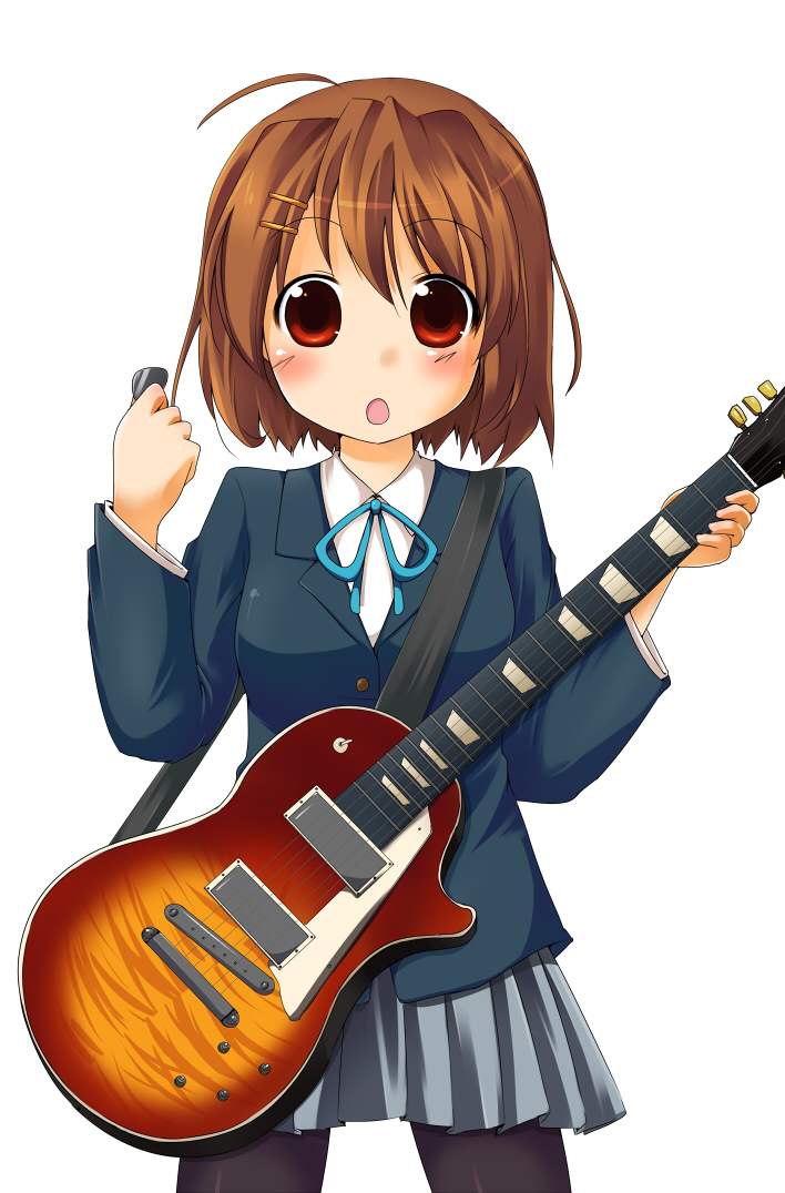 mocchii, hirasawa yui, k-on!, bad id, bad pixiv id, 00s, 1girl, :o, ahoge, blush, brown hair, female focus, guitar, hair ornament, hairclip, instrument, open mouth, pantyhose, plectrum, red eyes, sakuragaoka high school uniform, school uniform, short hair, simple background, skirt, solo, standing
