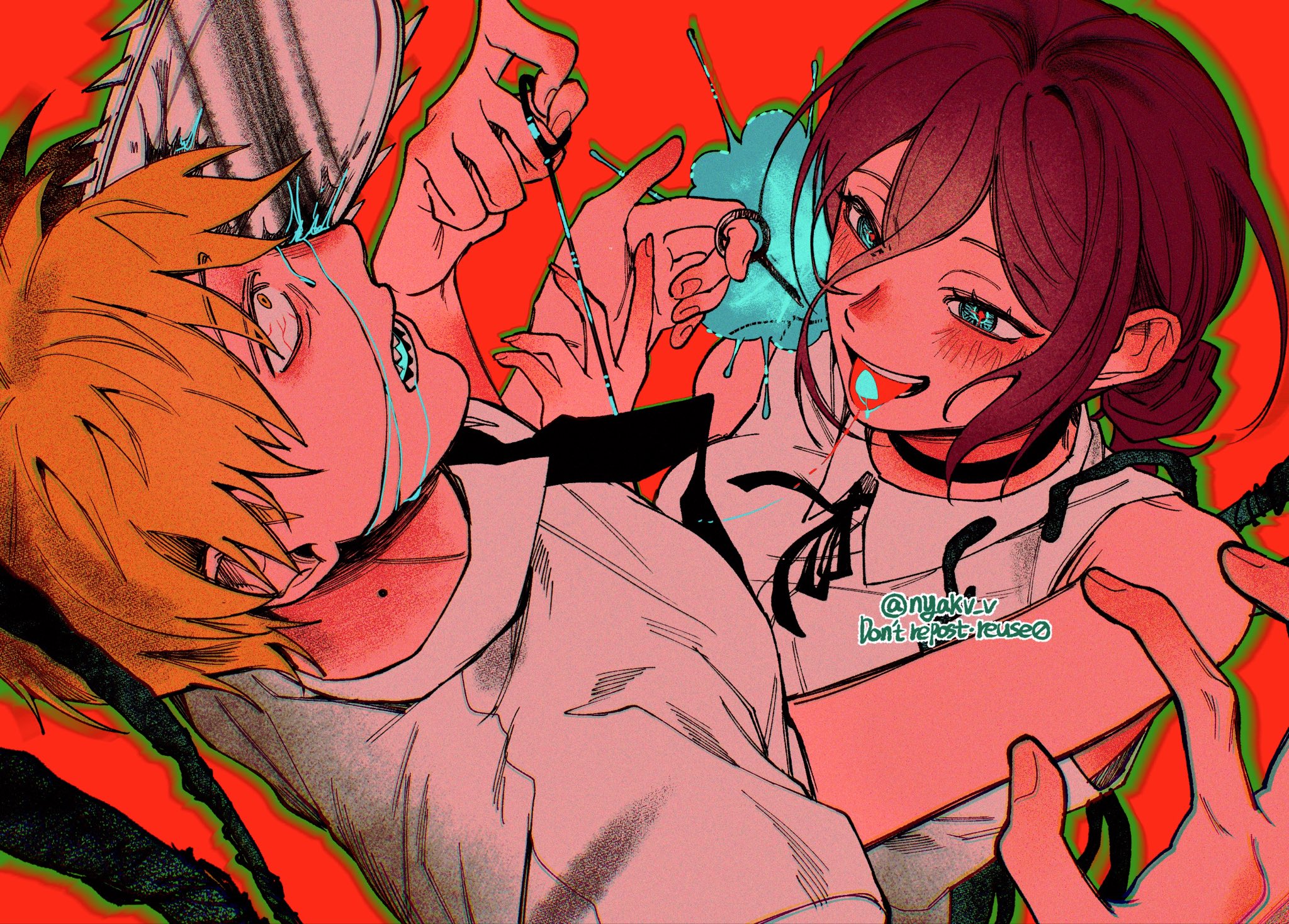 denji (chainsaw man), reze (chainsaw man), chainsaw man, highres, 1boy, 1girl, black necktie, black ribbon, blonde hair, blood, bloodshot eyes, blue blood, blue eyes, collared shirt, cord pull, grenade pin, neck ribbon, necktie, nyakv v, pull cord, purple hair, red pupils, ribbon, severed tongue, shirt, short hair, sleeveless, sleeveless shirt, tongue, tongue out, transformation, white shirt, wide-eyed