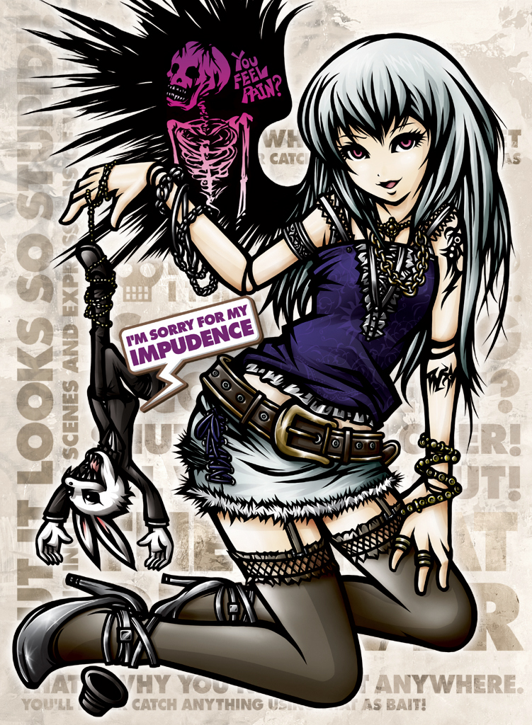 project.c.k., laplace's demon (rozen maiden), suigintou, rozen maiden, silver hair, 00s, alternate costume, belt, chain, contemporary, doll joints, garter belt, high heels, joints, long hair, miniskirt, pantyhose, pink eyes, shoes, skirt, smile, solo, thighhighs, wings