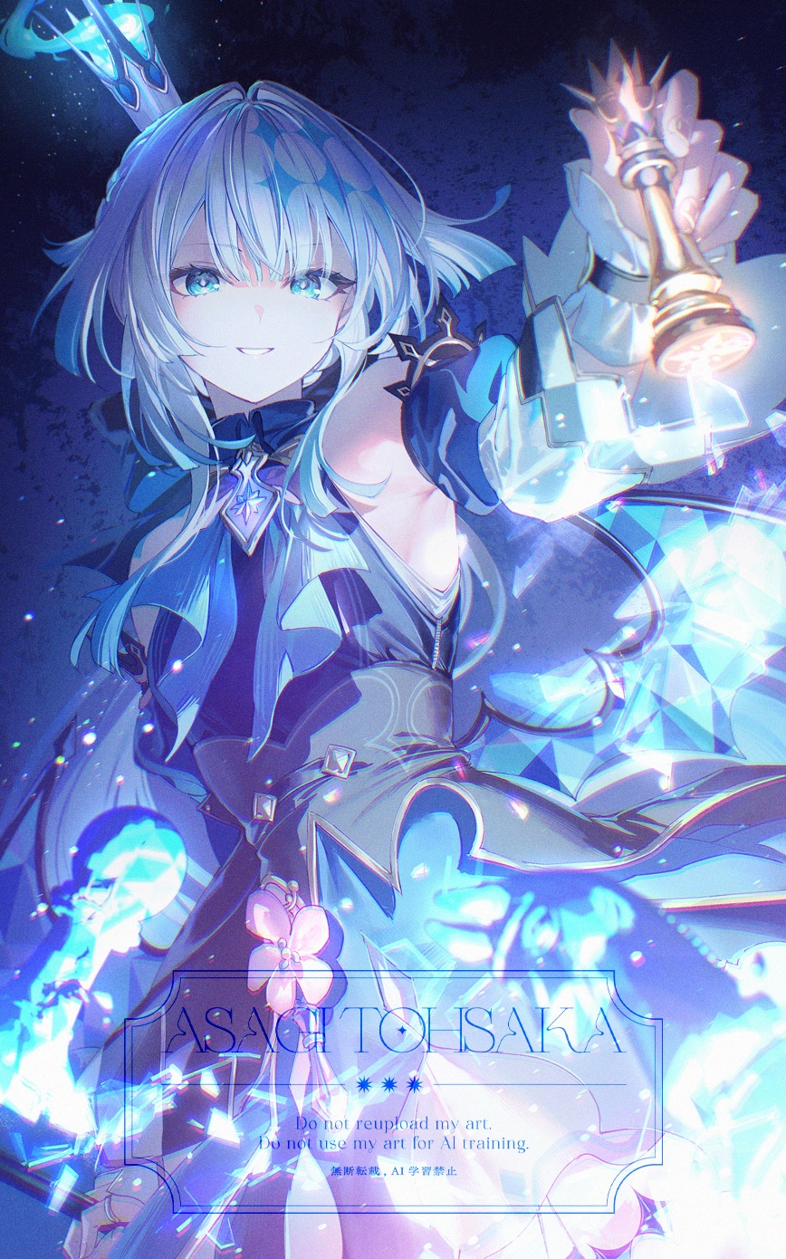 toosaka asagi, cerydra (honkai: star rail), honkai: star rail, honkai (series), commentary, highres, 1girl, blue eyes, bright pupils, chess piece, crown, detached sleeves, dress, fire, hand up, holding, holding chess piece, jewelry, long hair, long sleeves, looking at viewer, mini crown, parted lips, ring, smile, solo, white hair, white pupils