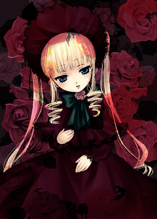 mizunomoto, shinku, rozen maiden, bad id, bad pixiv id, 00s, 1girl, blonde hair, blue eyes, blush, bonnet, bow, dress, drill hair, female focus, floral background, flower, head tilt, headdress, long hair, long sleeves, red dress, rose, solo, twintails, very long hair