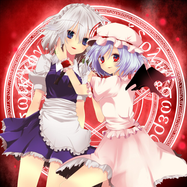 kanaritu, izayoi sakuya, remilia scarlet, touhou, silver hair, 2girls, apron, bat wings, blue eyes, blue hair, braid, female focus, hairband, hat, magic circle, maid, maid apron, multiple girls, red eyes, short hair, wings, wrist cuffs