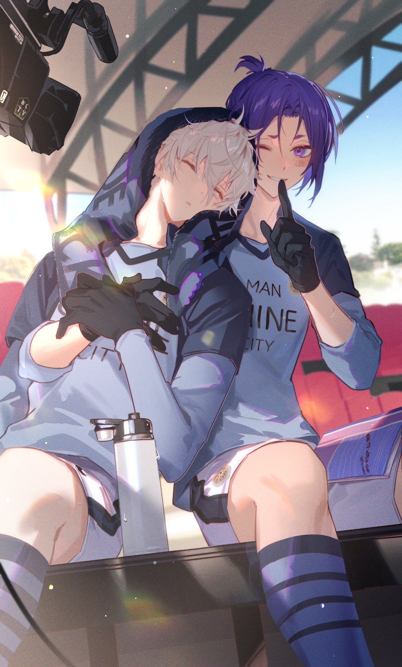 doran (doran7280), mikage reo, nagi seishirou, blue lock, commentary request, highres, 2boys, black gloves, blue socks, bottle, camera, closed mouth, finger to mouth, gloves, hair between eyes, looking at viewer, male focus, manshine city soccer uniform, multiple boys, one eye closed, purple eyes, purple hair, short hair, shushing, sitting, sleeping, sleeping on person, soccer uniform, socks, sportswear, teeth, towel, towel on head, water bottle, white hair