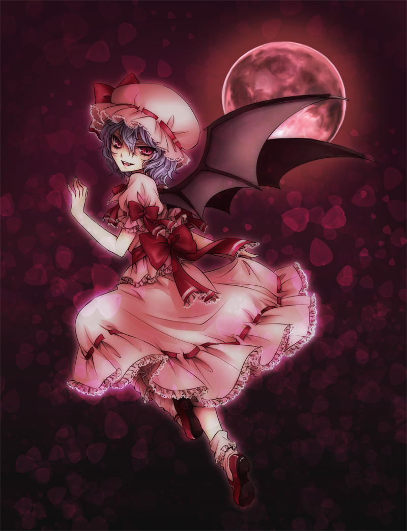 mizunomoto, remilia scarlet, touhou, bad id, bad pixiv id, 1girl, bat wings, blue hair, female focus, full body, gradient background, hat, moon, outdoors, red eyes, red moon, short hair, skirt, sky, solo, wings