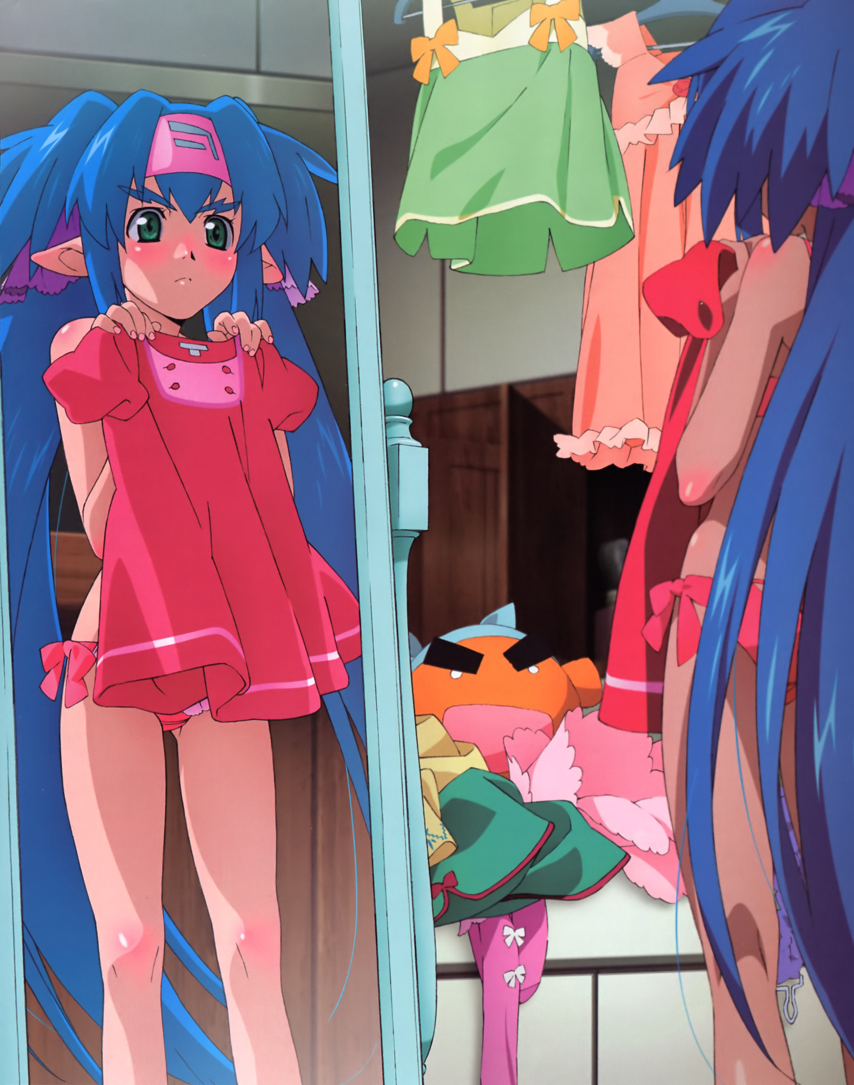 tsukahara hajime, klan klein, macross, macross frontier, eyebrows, absurdres, highres, 00s, blue hair, blush, clothes hanger, clothes in front, covering privates, dressing, embarrassed, long hair, mirror, panties, pointy ears, reflection, side-tie panties, twintails, underwear, unworn clothes, very long hair