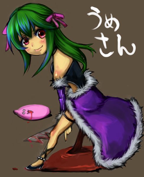 chirao (tirao777), poring, stalker (ragnarok online), ragnarok online, commentary request, 1girl, :3, black shoes, black tank top, blood, blush, bow, brown background, cape, closed mouth, dagger, detached sleeves, full body, fur-trimmed cape, fur-trimmed sleeves, fur trim, green hair, hair bow, holding, holding dagger, holding knife, holding weapon, knife, long hair, looking at viewer, looking to the side, pink bow, pool of blood, purple cape, purple sleeves, red eyes, shoes, simple background, slime (creature), smile, solo, standing, tank top, waist cape, weapon