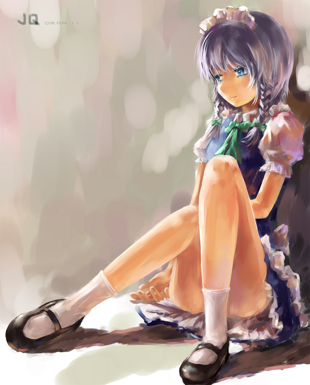 jq3c273, izayoi sakuya, touhou, bad id, bad pixiv id, highres, 1girl, blue eyes, braid, censored, convenient censoring, convenient leg, female focus, maid, maid headdress, sandals, short hair, sitting, socks, solo, twin braids