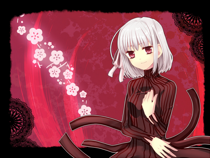 kanaritu, dark sakura, matou sakura, fate/stay night, fate (series), silver hair, striped, 00s, 1girl, dress, female focus, hair ribbon, long sleeves, red eyes, ribbon, solo, turtleneck