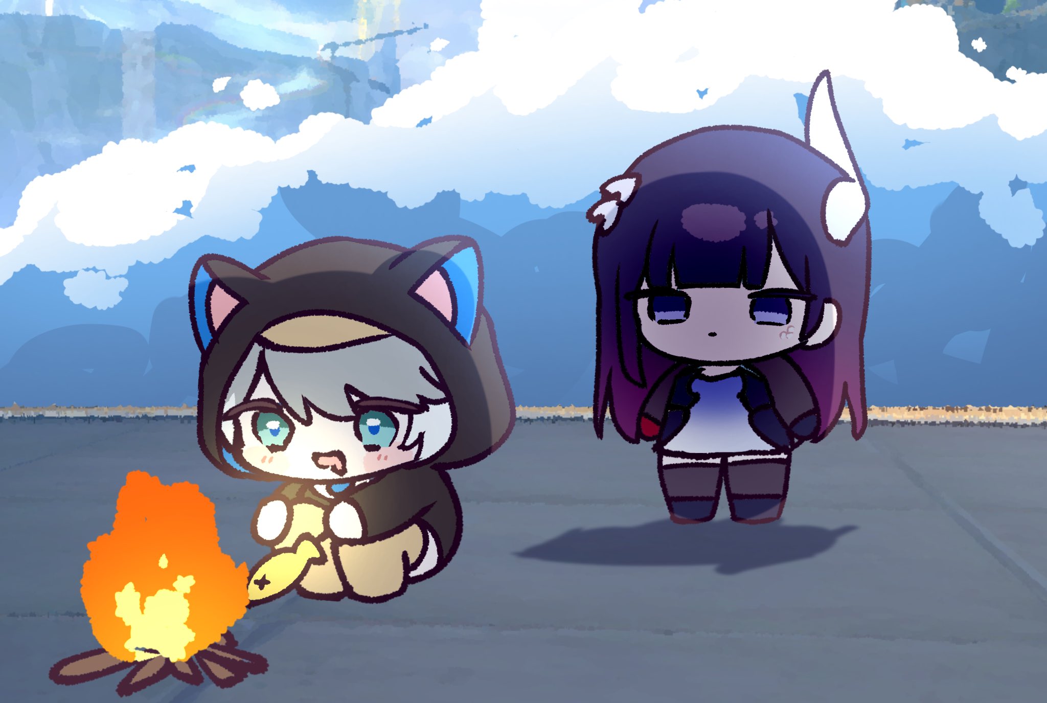 mikurumikurumi, cipher (honkai: star rail), hysilens (honkai: star rail), honkai: star rail, honkai (series), highres, 2girls, animal ears, asymmetrical gloves, black shrug, blue dress, blue eyes, campfire, cat ears, cat girl, chrysos heirs (honkai: star rail), colored inner hair, cooking, coral, crown, dress, earrings, fire, firewood, fish, gloves, grey hair, head ornament, holding, holding stick, jewelry, log, mini crown, mismatched gloves, multicolored hair, multiple girls, outdoors, pearl earrings, red gloves, roasting, shrug (clothing), skewer, stick