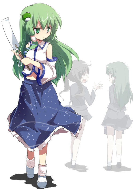 mamo williams, kochiya sanae, touhou, 3girls, alternate costume, bag, detached sleeves, dual persona, female focus, green eyes, green hair, kaze michiya, long hair, looking back, multiple girls, school bag, school uniform, serafuku, twintails