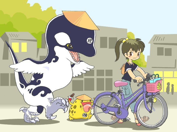 kabiinyo (kab), original, 1girl, :/, backpack, bag, bicycle, blush, brown eyes, brown hair, building, day, denim, from side, hair bobbles, hair ornament, hat, jeans, looking at viewer, monster, no socks, open mouth, outdoors, pants, ponytail, pushing bicycle, randoseru, rice hat, sandals, shadow, sharp teeth, shirt, short sleeves, side ponytail, sky, t-shirt, teeth, tongue, tongue out, walking, wings