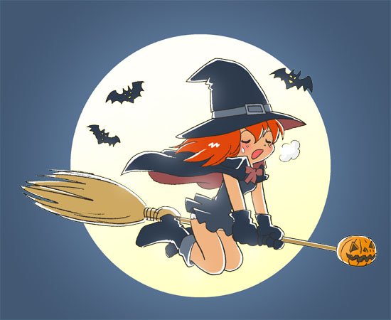 kabiinyo (kab), original, 1girl, bat (animal), blush, boots, broom, broom riding, cape, female focus, full moon, gloves, hat, jack-o'-lantern, moon, night, open mouth, outdoors, panties, pantyshot, pumpkin, red hair, riding, sexually suggestive, simple background, solo, straddling, underwear, witch, witch hat