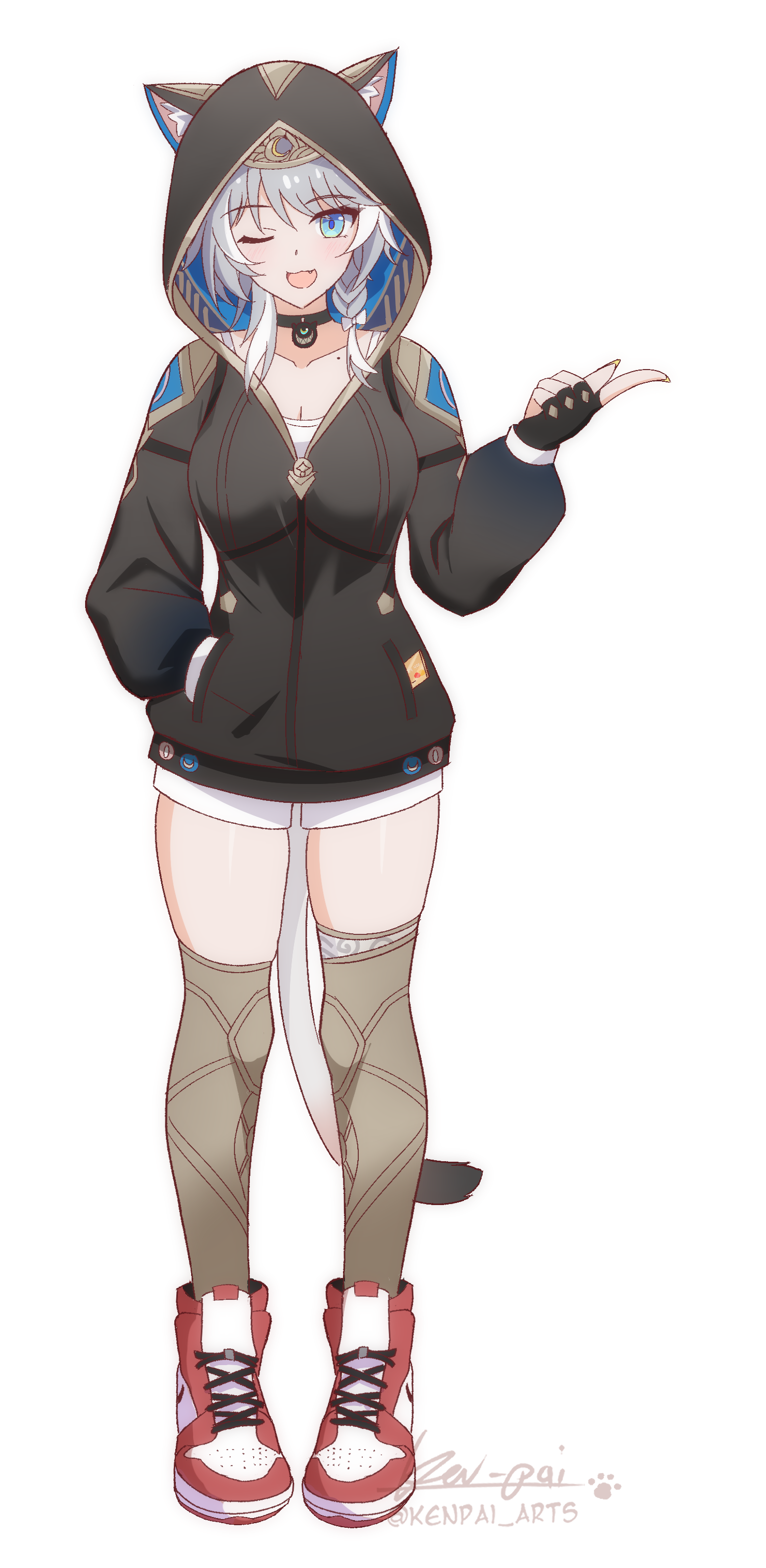 ken-pai (kenpai arts), cipher (honkai: star rail), honkai: star rail, honkai (series), absurdres, commentary, english commentary, highres, 1girl, adapted costume, animal ear fluff, animal ears, black choker, black gloves, black hoodie, blue eyes, breasts, brown thighhighs, cat ears, cat girl, cat tail, choker, cleavage, ears through hood, fingerless gloves, fingernails, full body, gloves, grey hair, hand in pocket, hood, hoodie, large breasts, long fingernails, long sleeves, looking at viewer, mole, one eye closed, open mouth, shirt, shoes, short hair with long locks, shorts, signature, simple background, sneakers, solo, tail, thighhighs, twitter username, white background, white shirt, white shorts