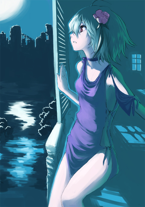 kenji (artist), makimura shunsuke, ren (fragile), fragile, fragile: sayonara tsuki no haikyo, bad id, bad pixiv id, 1girl, armpits, breasts, female focus, flat chest, green hair, night, red eyes, small breasts, solo
