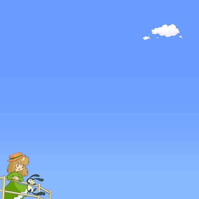 kabiinyo (kab), original, 1girl, cloud, creature, day, dress, female focus, fence, gradient background, green dress, hat, railing, sky, solo, unknown animal