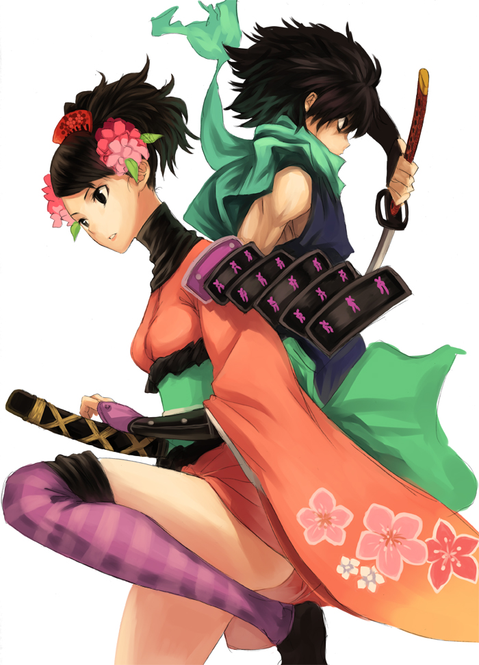kenji (artist), makimura shunsuke, kisuke, momohime, oboro muramasa, bad id, bad pixiv id, 1boy, 1girl, black hair, holding, holding sword, holding weapon, scarf, simple background, sword, thighhighs, weapon, white background