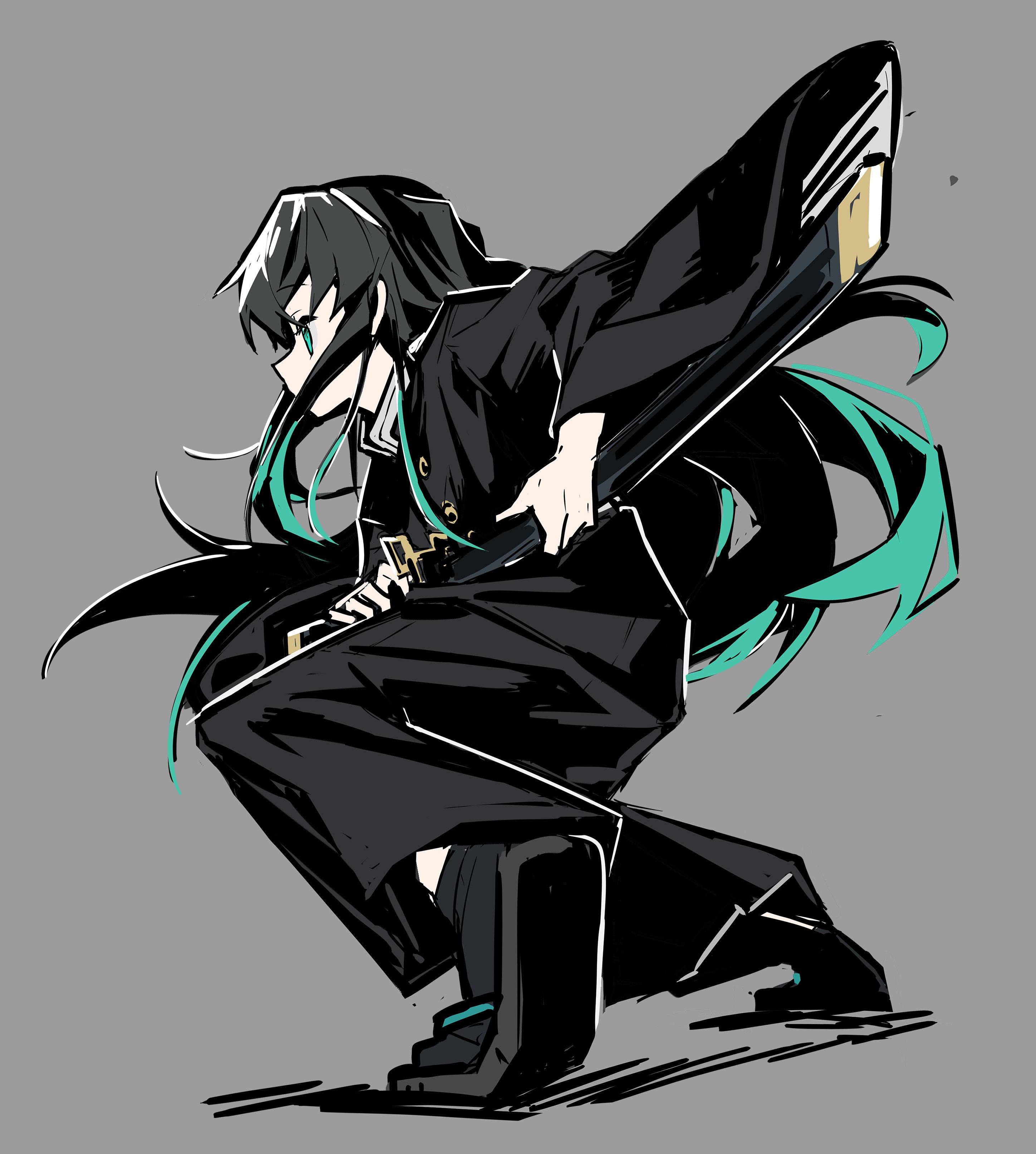 name (oiuio), tokitou muichirou, kimetsu no yaiba, absurdres, highres, 1boy, aqua eyes, aqua hair, black hair, black hakama, black sandals, black socks, buttons, demon slayer uniform, full body, grey background, hakama, high collar, holding, holding sword, holding weapon, japanese clothes, katana, long hair, male focus, multicolored hair, profile, sandals, simple background, socks, solo, sword, trap, two-tone hair, very long hair, weapon