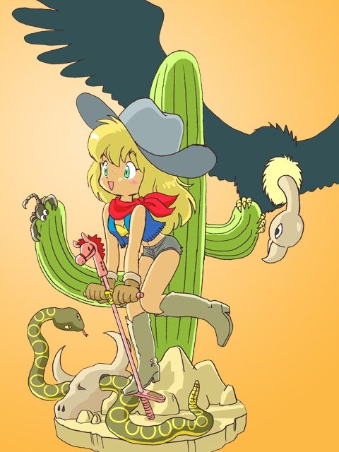 kabiinyo (kab), original, 1girl, bandana, bird, blonde hair, blush, boots, cactus, cattle skull, cowboy boots, cowboy hat, cowboy western, desert, faux figurine, female focus, freckles, green eyes, happy, hat, midriff, pogo stick, rattlesnake, scorpion, short shorts, shorts, simple background, skull, smile, snake, solo, vest, vulture