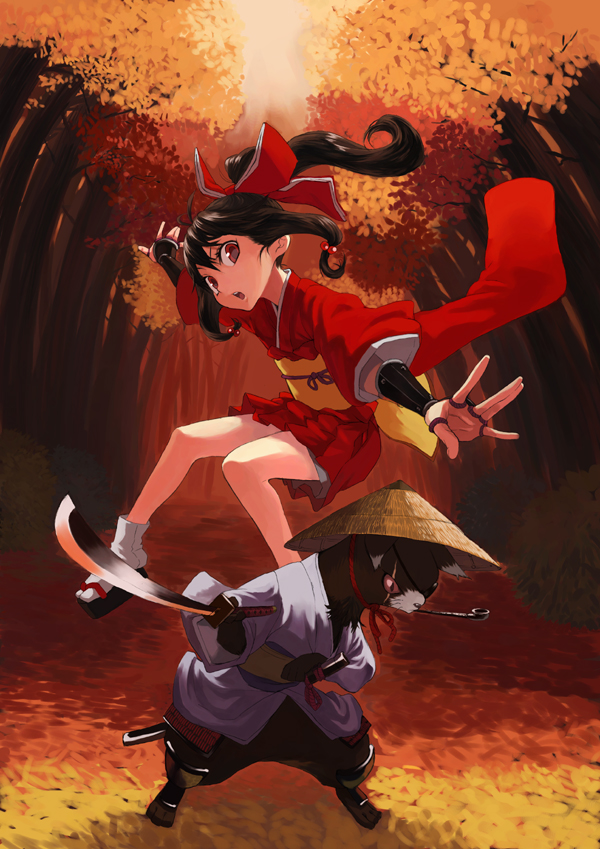kenji (artist), makimura shunsuke, original, bad id, bad pixiv id, 1girl, armor, autumn, black hair, cat, clog sandals, eyepatch, fingerless gloves, forest, gloves, hat, japanese armor, japanese clothes, katana, kote, kurokote, legs, nature, okobo, outstretched arms, platform sandals, ponytail, red eyes, rice hat, sandals, skirt, smoking pipe, spread arms, sword, tabi, tree, weapon