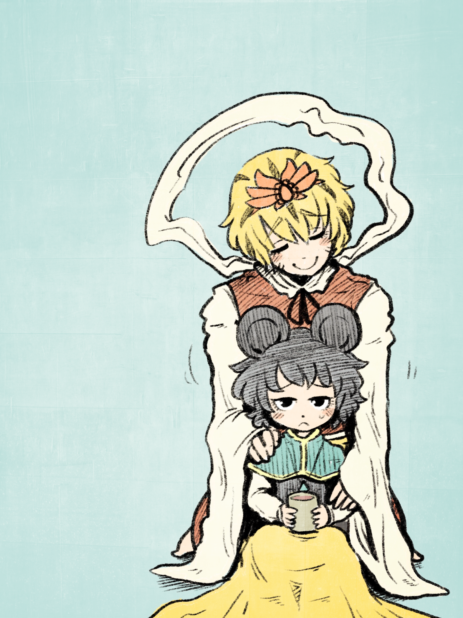 sho (shirojiro kuroguro), nazrin, toramaru shou, touhou, highres, 2girls, animal ears, blanket, blonde hair, blush, cup, grey hair, hagoromo, hand on another's shoulder, holding, holding cup, mouse ears, multicolored hair, multiple girls, shawl, short hair, simple background, smile, streaked hair, wide sleeves