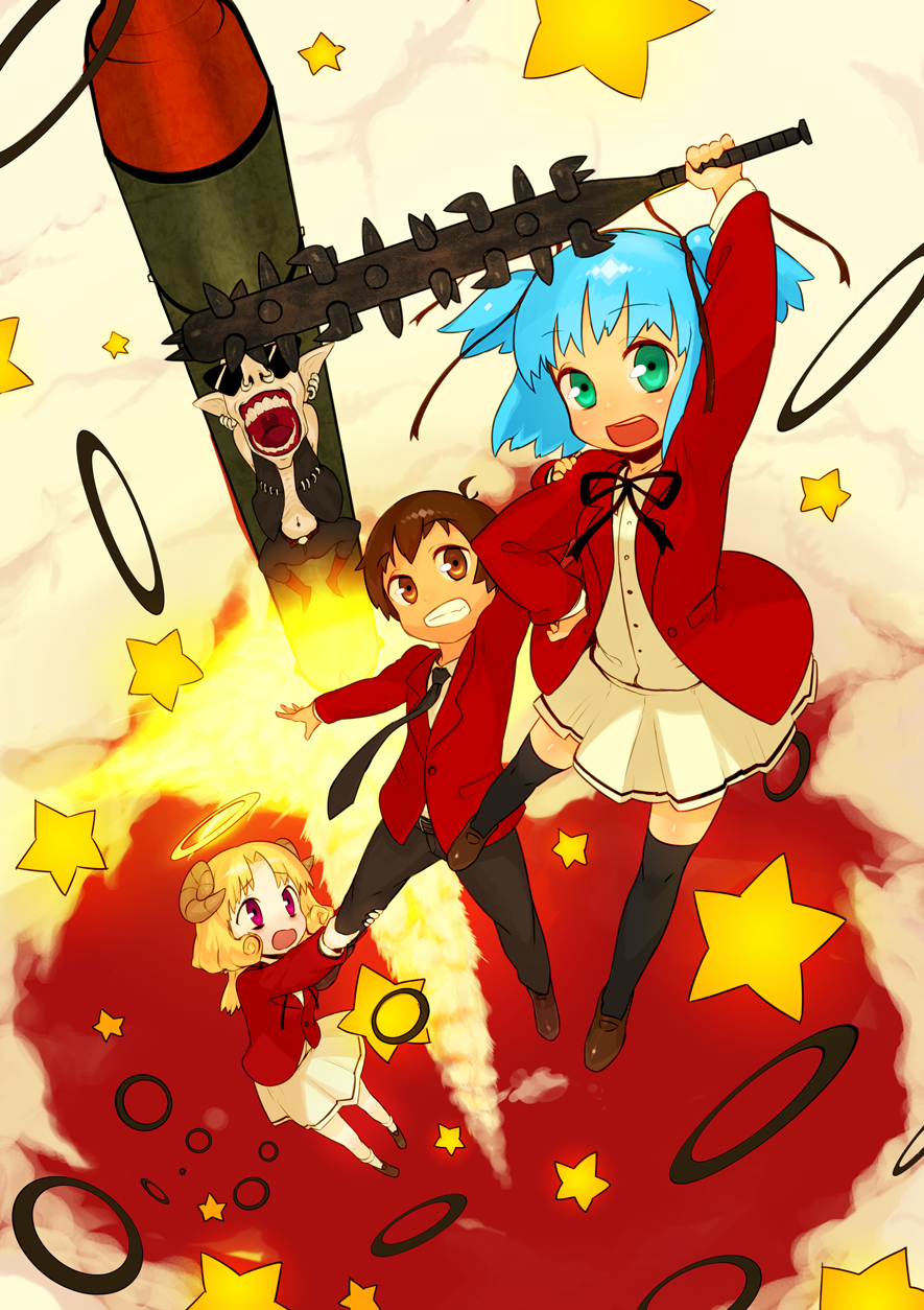 asgr, kusakabe sakura, mihashigo sabato, mitsukai dokuro, bokusatsu tenshi dokuro-chan, bad id, bad pixiv id, highres, 00s, 1boy, 2girls, blonde hair, blue hair, club, escaliborg, excalibolg, green eyes, horns, multiple girls, school uniform, spiked club, weapon