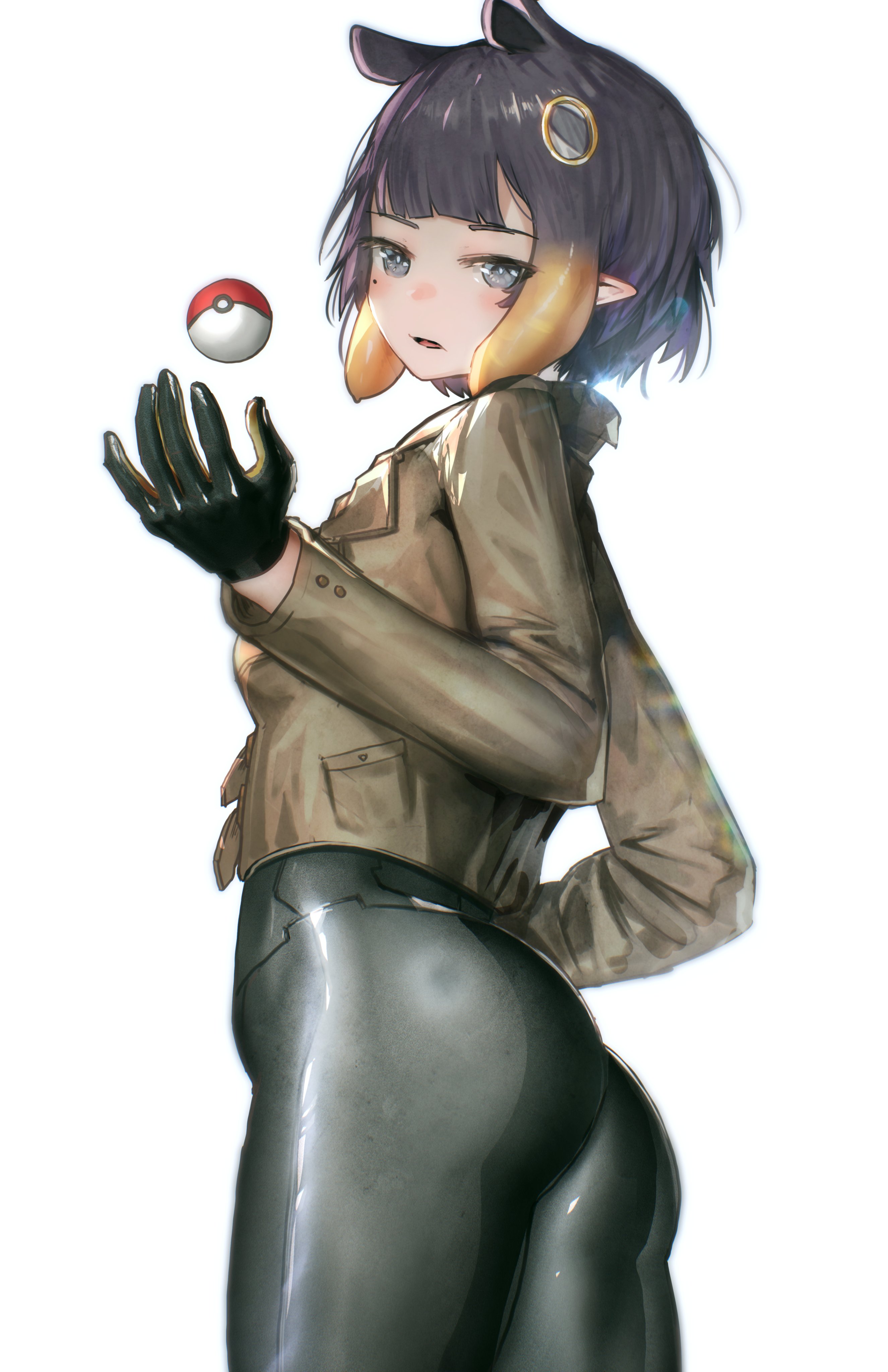 advarcher, emma (pokemon), ninomae ina'nis, hololive, hololive english, nintendo, pokemon, pokemon legends: z-a, absurdres, highres, 1girl, ass, black bodysuit, black gloves, bodysuit, bodysuit under clothes, brown jacket, cosplay, emma (pokemon) (cosplay), gloves, gradient hair, grey eyes, jacket, multicolored hair, orange hair, purple hair, simple background, solo, tentacle hair, virtual youtuber, white background