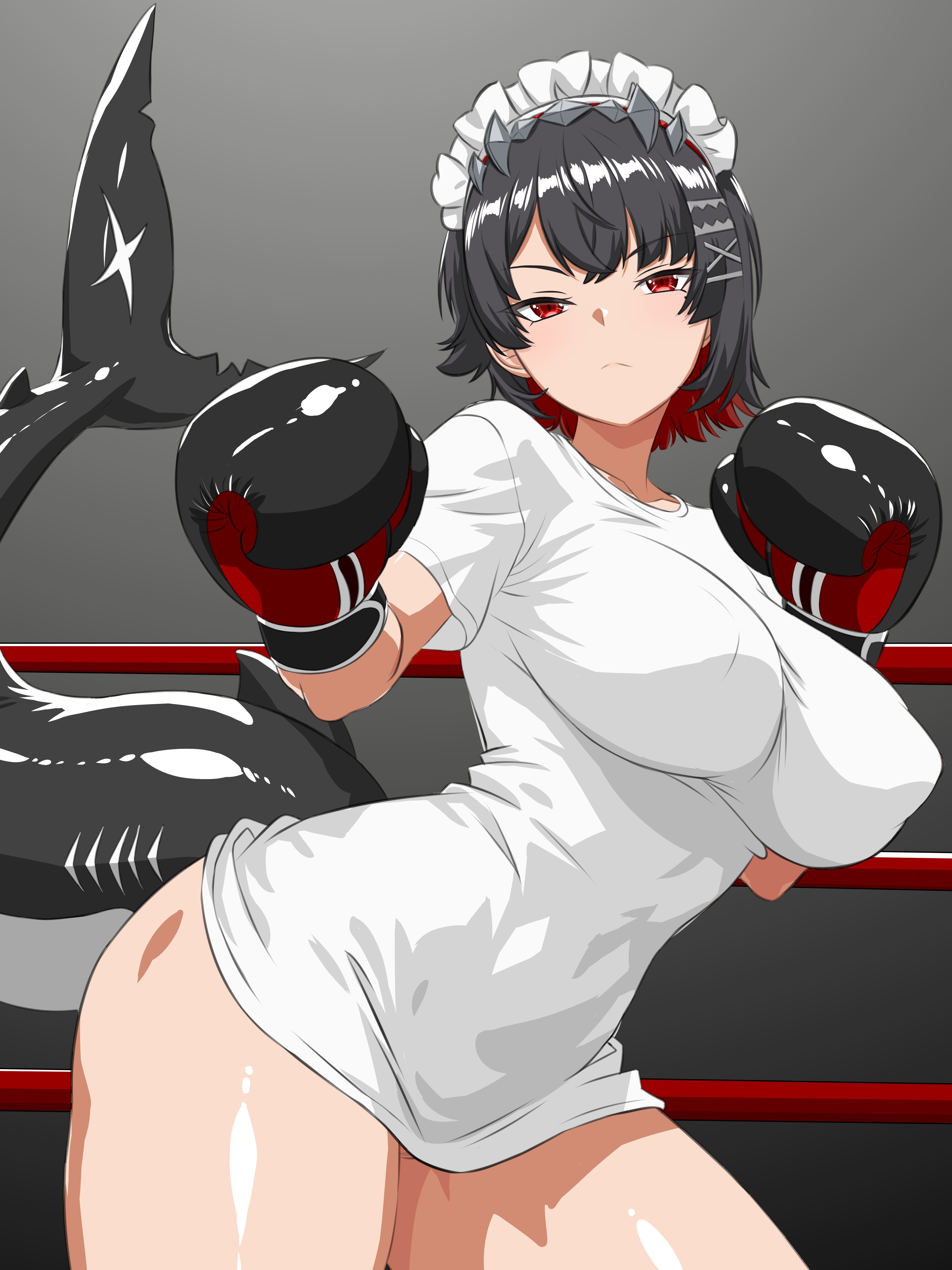 kasana, ellen joe, zenless zone zero, absurdres, highres, 1girl, black background, black hair, boxing gloves, boxing ring, breasts, closed mouth, colored inner hair, fins, fish tail, from side, hair ornament, hairclip, large breasts, looking at viewer, multicolored hair, shark girl, shark tail, shirt, short hair, simple background, solo, tail, white headdress, white shirt
