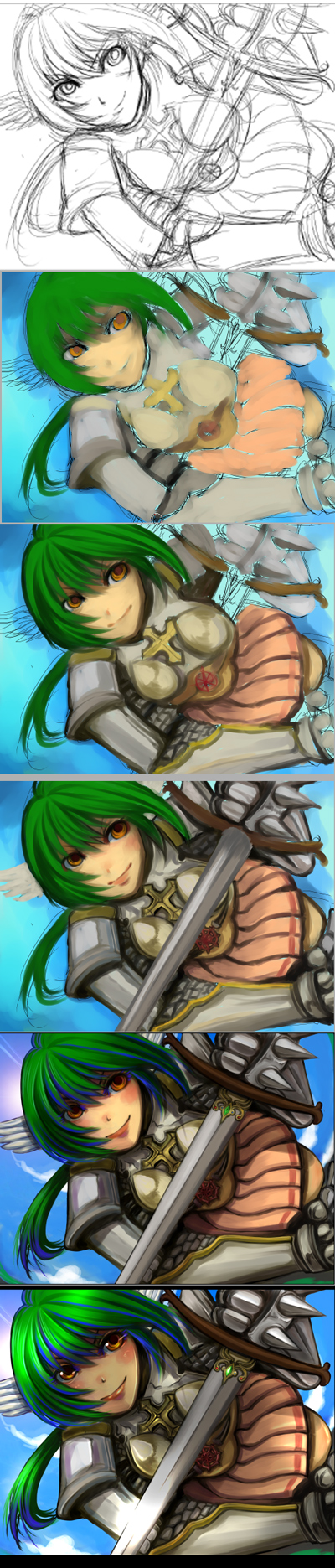 chirao (tirao777), lord knight (ragnarok online), ragnarok online, commentary request, highres, long image, tall image, 1girl, armor, breastplate, chainmail, closed mouth, cowboy shot, cross, green hair, holding, holding sword, holding weapon, how to, long hair, looking at viewer, miniskirt, multiple views, orange eyes, pauldrons, pink skirt, shoulder armor, sketch, skirt, smile, spiked gauntlets, sword, weapon