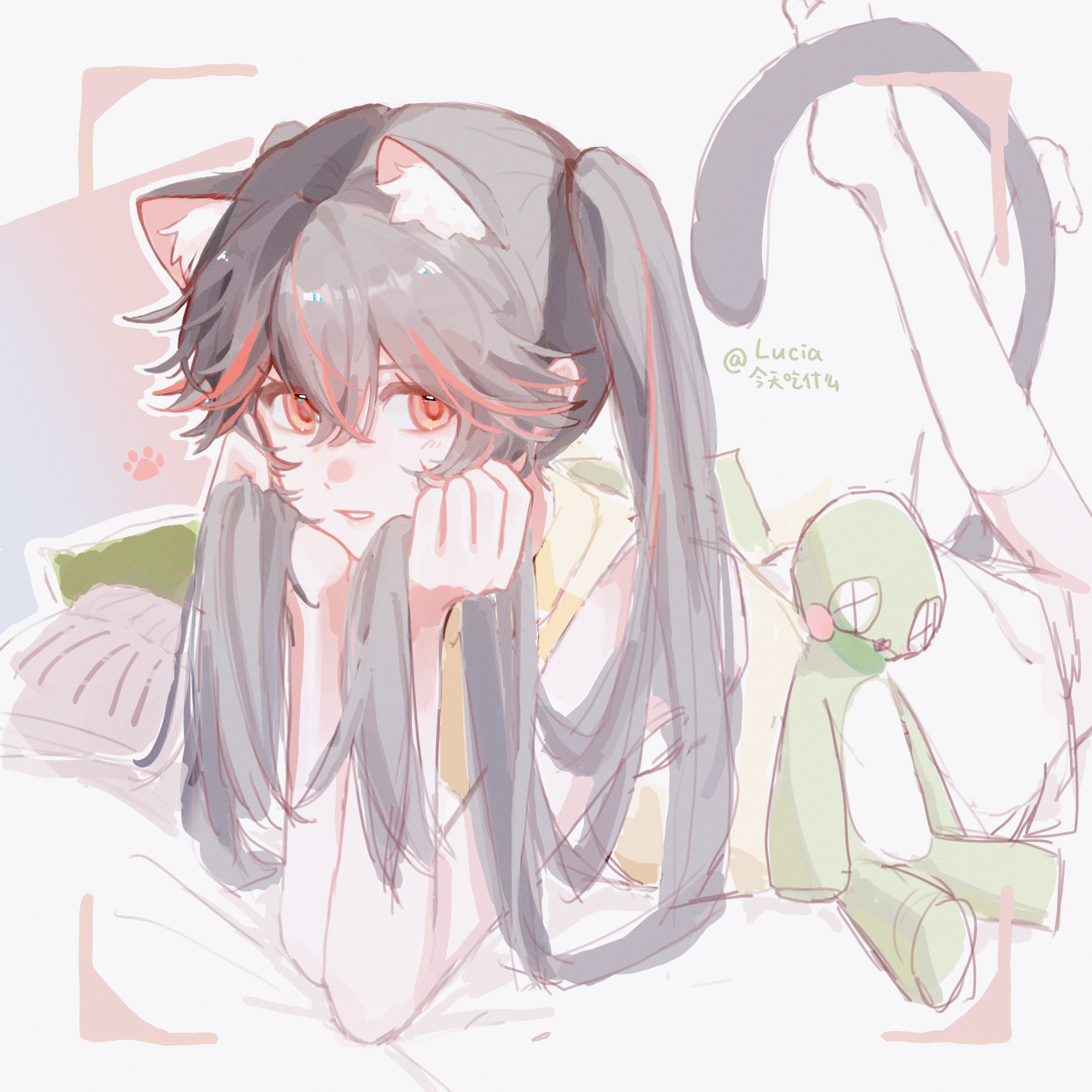 lucia (pgr), punishing: gray raven, highres, 1girl, animal ear fluff, animal ears, artist name, black hair, book, cat ears, cat girl, cat tail, face in hair, feet up, frog, hair between eyes, holding, holding own hair, kemonomimi mode, long hair, looking at viewer, lying, multicolored hair, on stomach, parted lips, pillow, red eyes, red hair, shirt, sketch, sleeveless, socks, solo, streaked hair, stuffed animal, stuffed toy, tail, the pose, twintails, two-tone hair, white socks, yellow shirt, zhungaerpendi36835