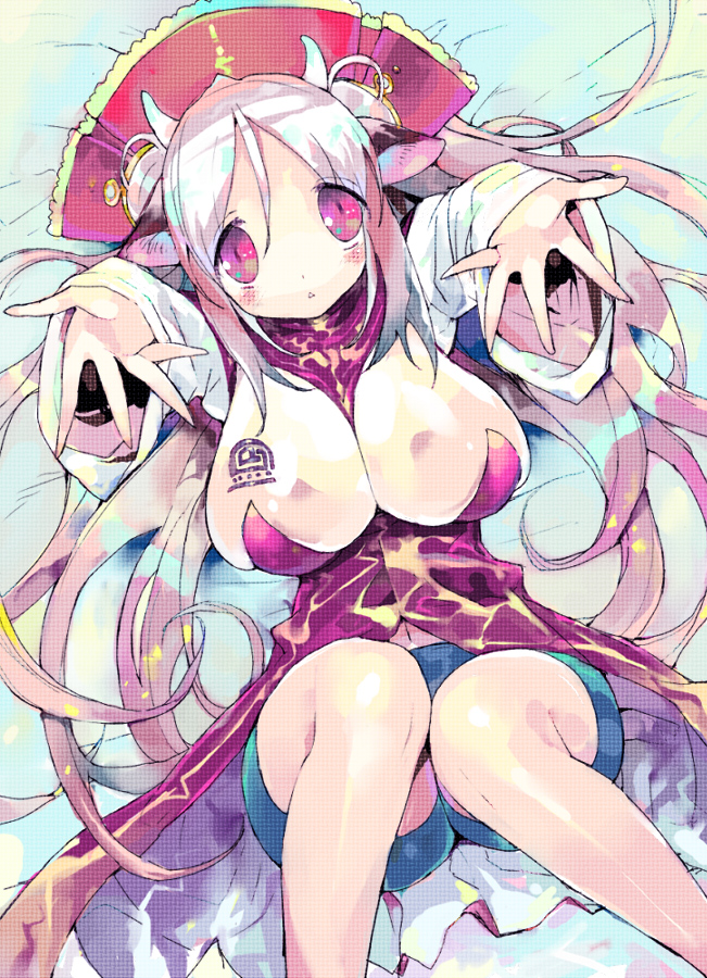 mutsutake, original, 1girl, animal ears, bike shorts, breasts, cleavage, cow ears, cow girl, female focus, horns, long hair, lying, pink eyes, pink hair, solo