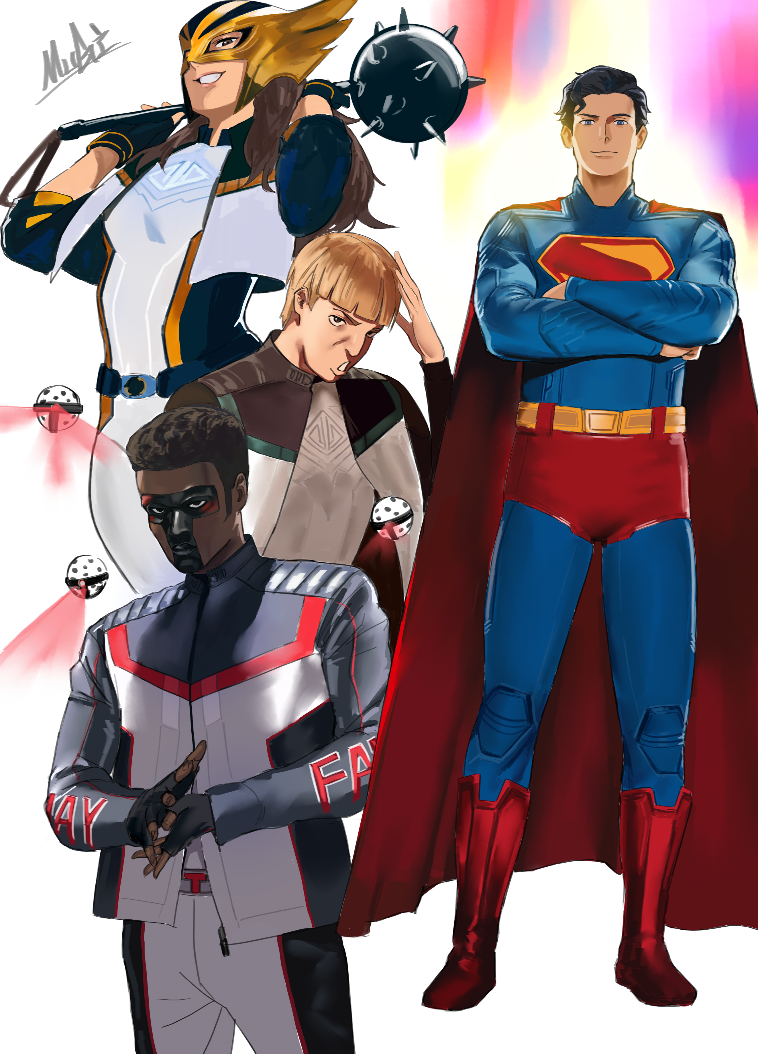 mugi (mugit49), green lantern, guy gardner, hawkgirl, superman, dc comics, dc universe (franchise), superman (2025), absurdres, highres, 1girl, 3boys, black hair, black jacket, boots, bowl cut, brown hair, cape, dark skin, fingerless gloves, gloves, holding, holding mace, holding weapon, jacket, mace, mask, mister terrific, multiple boys, orb, over shoulder, red boots, red cape, superhero costume, superman logo, weapon, weapon over shoulder, white background