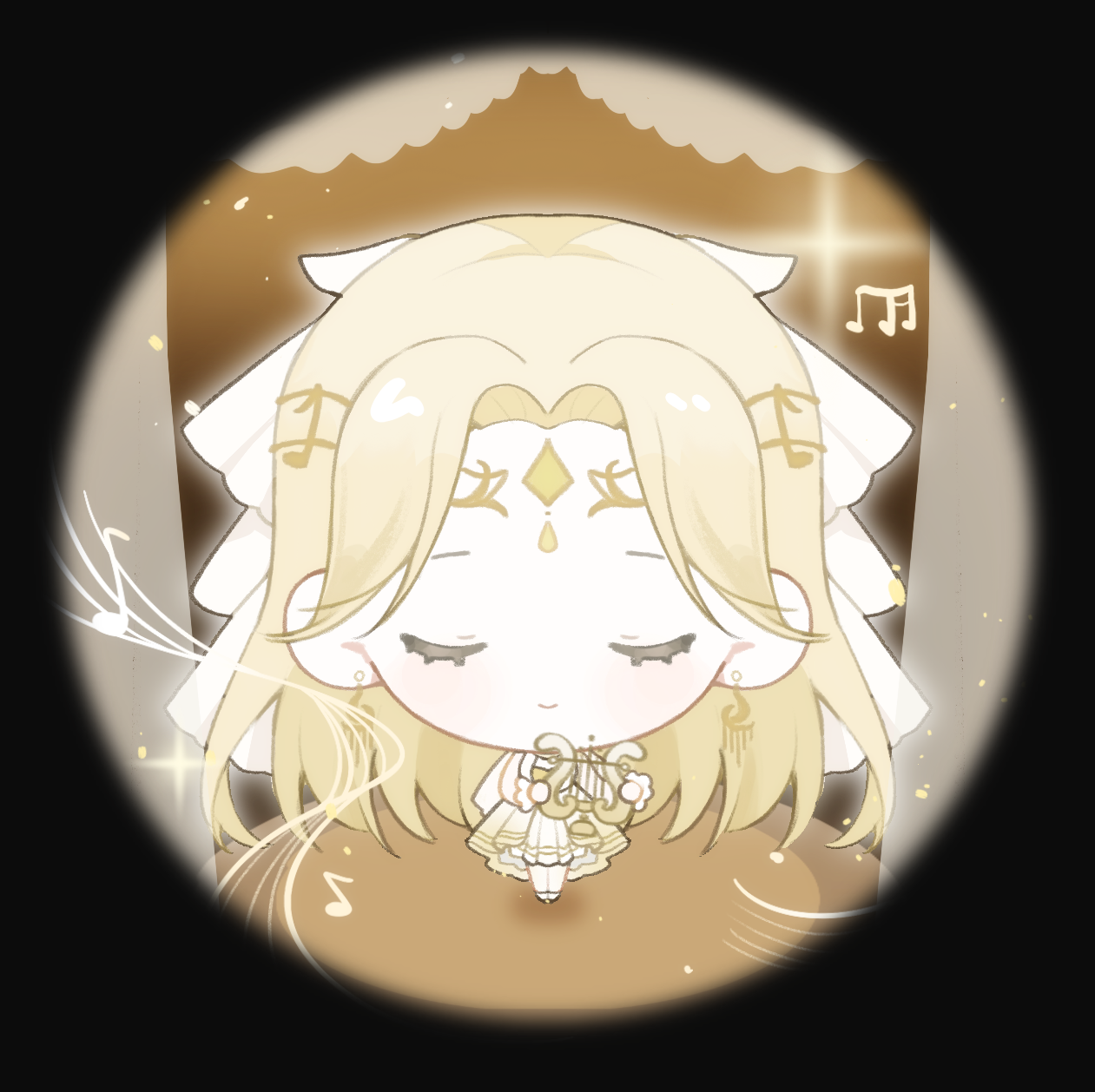 baonu de zhanshen caibutou, infinity nikki, nikki (series), chinese commentary, commentary request, highres, 1girl, bare shoulders, black border, blonde hair, border, chibi, circlet, closed eyes, closed mouth, dress, earrings, eyelashes, frilled dress, frilled wrist cuffs, frills, gold circlet, golden buds (infinity nikki), happy, holding, holding instrument, holding lyre, indoors, instrument, jewelry, layered dress, light blush, light particles, long hair, lyre, medium dress, music, musical note, musical note earrings, musical staff, outline, parted bangs, playing instrument, pleated dress, round border, shoes, sleeveless, sleeveless dress, smile, solo, sparkle, stage, standing, straight-on, tailcoat, veil, very long hair, wavy hair, white dress, white outline, white shoes, white veil, white wrist cuffs, wrist cuffs, yellow dress