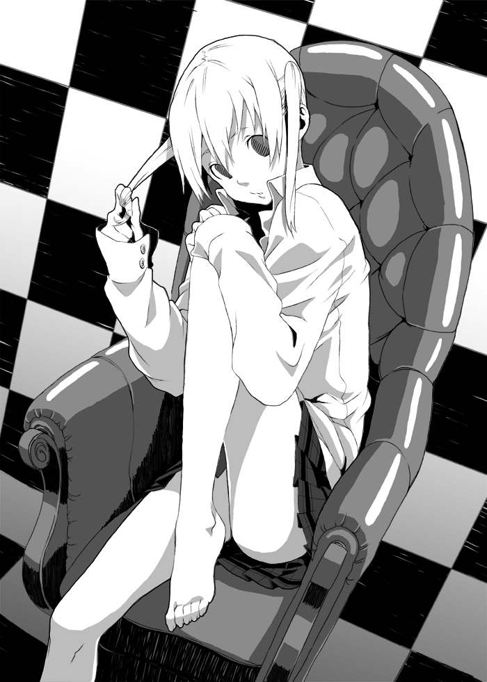 kenji (artist), makimura shunsuke, maka albarn, death note, soul eater, bad id, bad pixiv id, 00s, 1girl, armchair, barefoot, chair, checkered background, crossover, feet, female focus, greyscale, monochrome, on chair, plantar flexion, skirt, solo, twintails, twirling hair