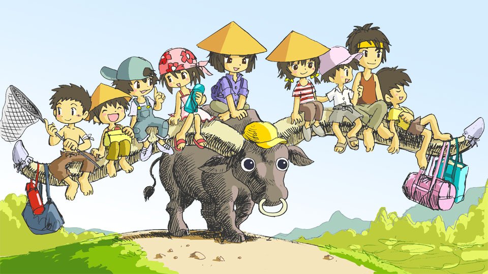 kabiinyo (kab), original, luggage, ^ ^, bag, bandaged arm, bandages, baseball cap, blouse, bob cut, bull, child, chinese clothes, closed eyes, collared shirt, day, face piercing, hat, multiple riders, nose piercing, nose ring, outdoors, overalls, piercing, riding, shirt, sleeves rolled up, striped clothes, striped shirt, topless male, unworn bag