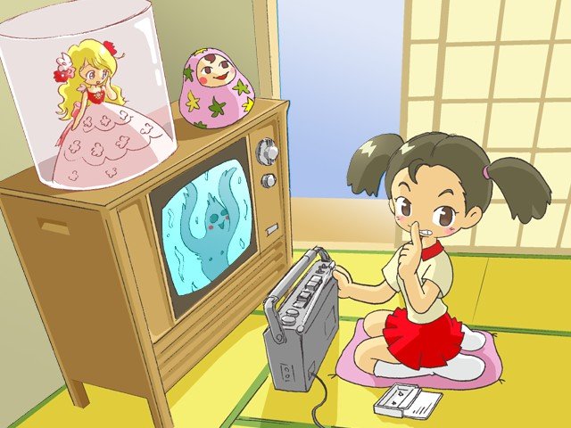 kabiinyo (kab), original, 1girl, blush, daruma doll, doll, female focus, finger to mouth, ghost, indoors, kneeling, looking at viewer, shushing, skirt, socks, solo, tape recorder, tatami, television, twintails