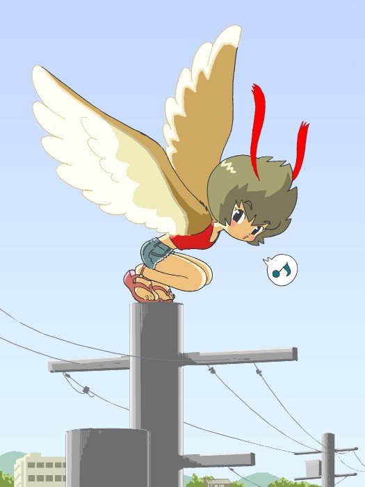 kabiinyo (kab), original, 1girl, antennae, female focus, gradient background, harpy, midriff, monster girl, musical note, o3o, perching, power lines, quaver, sandals, short hair, short shorts, shorts, solo, speech bubble, spoken musical note, whistling, winged arms, wings