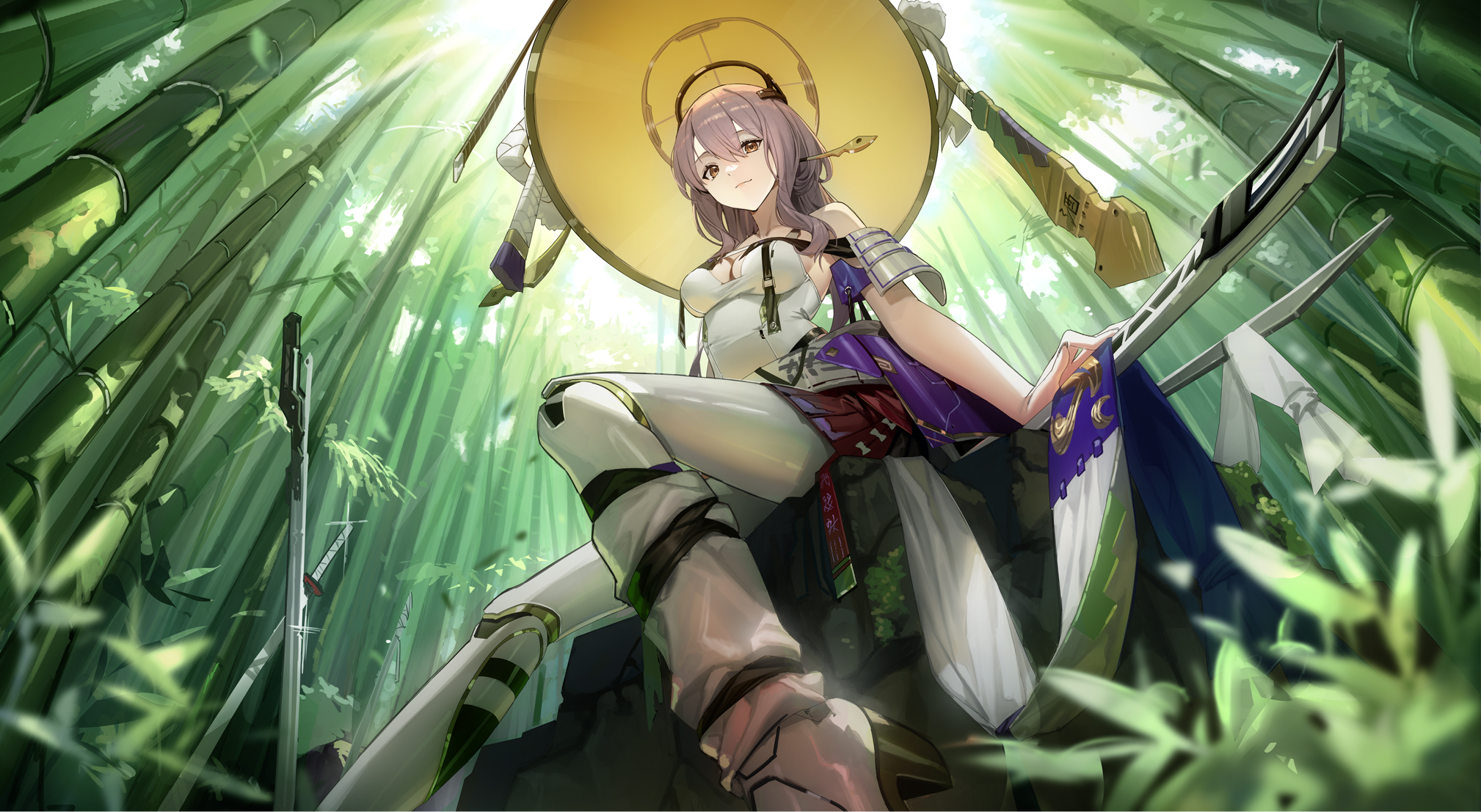 hokushuu, scarlet (nikke), goddess of victory: nikke, highres, 1girl, bamboo, bamboo forest, forest, from above, grey hair, hat, jingasa, large hat, nature, plant, sheath, smile, solo, sword, weapon