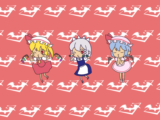 rr4, flandre scarlet, izayoi sakuya, remilia scarlet, smooooch, touhou, silver hair, 3girls, ascot, bat wings, blonde hair, blue hair, braid, chibi, closed eyes, female focus, hat, maid, maid headdress, multiple girls, o3o, one eye closed, parody, red eyes, side ponytail, twin braids, wings